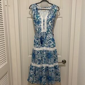Johnny Was Blue and White Floral Midi Dress